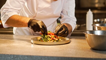Close-up view portrait of beautiful delicious salad being put on plate and decorated by...