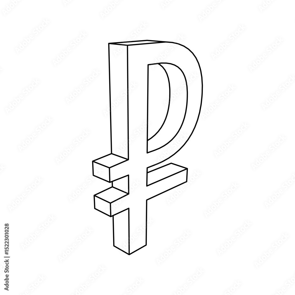Poster the outline of a large ruble symbol is made with black lines. 3d view of the object in perspective. 