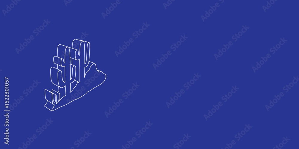 Poster the outline of a large wild cactus symbol made of white lines on the left. 3d view of the object in 