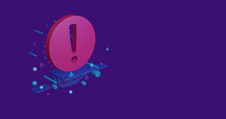 Pink attention symbol on a pedestal of abstract geometric shapes floating in the air. Abstract concept art with flying shapes on the left. 3d illustration on deep purple background