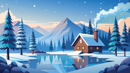 Naklejka premium Winter cabin landscape illustration snow scene background