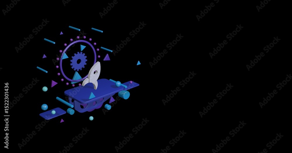 Poster white rocket symbol on a pedestal of abstract geometric shapes floating in the air. abstract concept