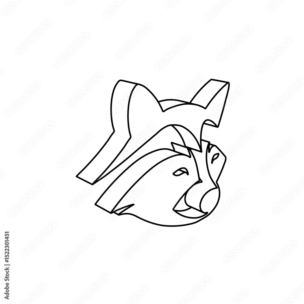 Aufkleber the outline of a large raccoon head symbol is made with black lines. 3d view of the object in perspe