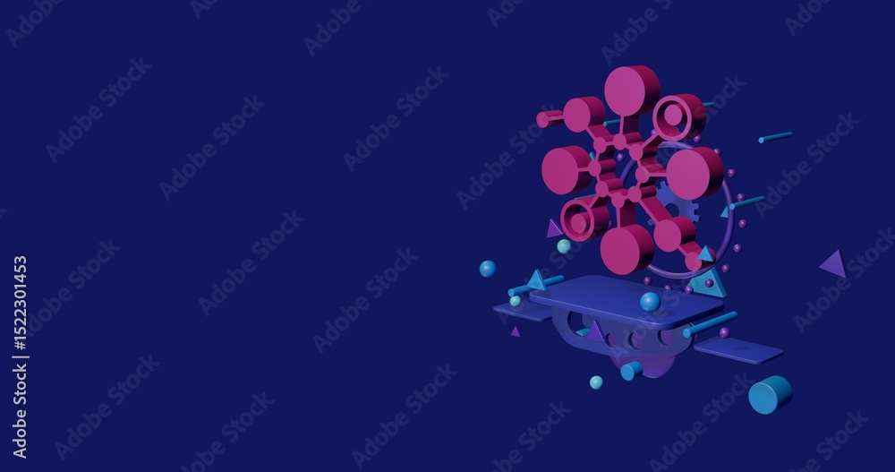 Poster pink molecule symbol on a pedestal of abstract geometric shapes floating in the air. abstract concep