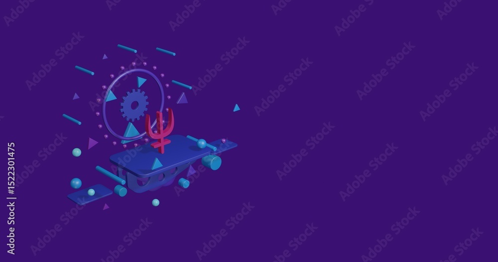 Poster pink astrological neptune symbol on a pedestal of abstract geometric shapes floating in the air. abs