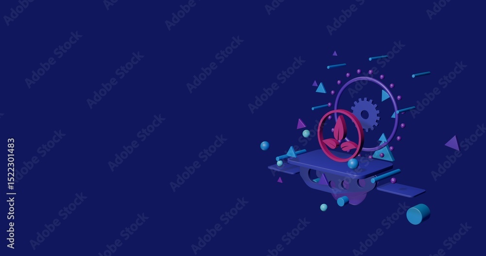 Poster pink ecology symbol on a pedestal of abstract geometric shapes floating in the air. abstract concept