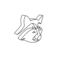 The outline of a large raccoon head symbol is made with black lines. 3D view of the object in perspective. Vector illustration on white background