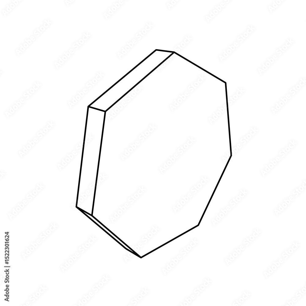 Poster the outline of a large heptagon symbol is made with black lines. 3d view of the object in perspectiv