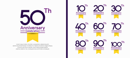 set of anniversary logo style with yellow ribbon. vector design blue color for celebration