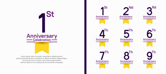 set of anniversary logo style with yellow ribbon. vector design blue color for celebration