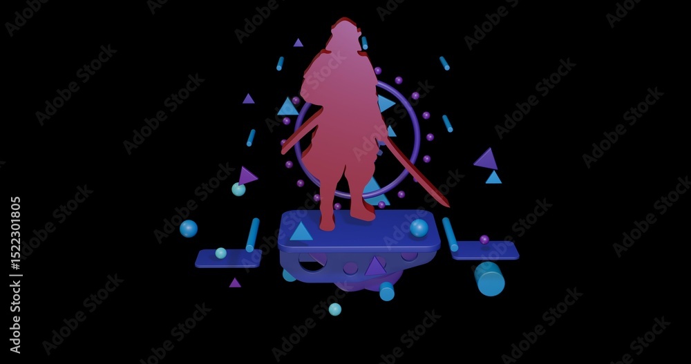 Poster red samurai symbol on a pedestal of abstract geometric shapes floating in the air. abstract concept 
