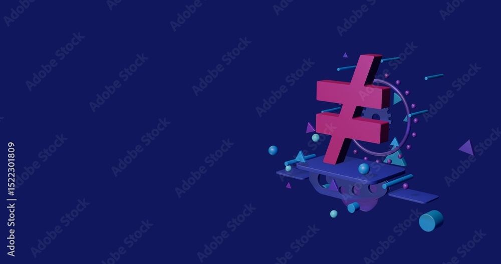 Poster pink not equal symbol on a pedestal of abstract geometric shapes floating in the air. abstract conce