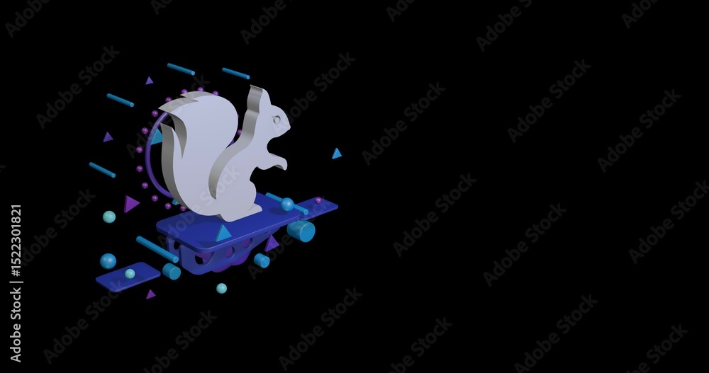 Poster white squirrel symbol on a pedestal of abstract geometric shapes floating in the air. abstract conce