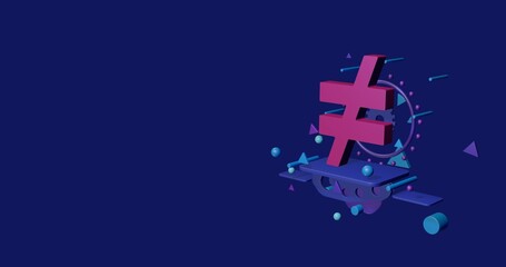 Pink not equal symbol on a pedestal of abstract geometric shapes floating in the air. Abstract concept art with flying shapes on the right. 3d illustration on indigo background