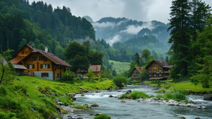 Fototapeta premium Serene Swiss Landscape: River Stream, Charming Houses & Alpine Beauty