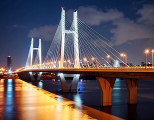 Illuminated cable-stayed bridge at night
