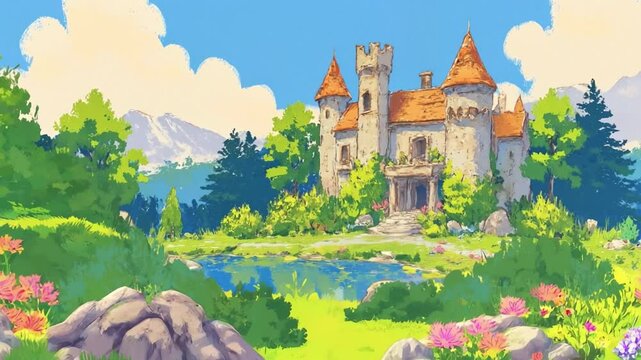 Fantasy fairytale medieval house cartoon background. Magic princess palace near lake landscape illustration