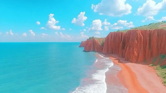 Red Beach Coastal Cliffs:  A Stunning Aerial View of Turquoise Waters and Sandy Shores