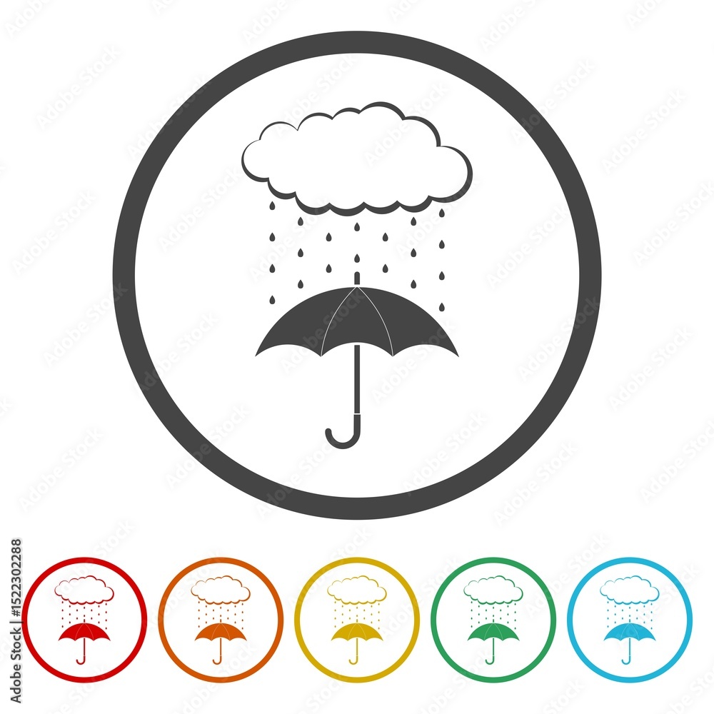 Aufkleber cloud with rain drop on umbrella icon. set icons in color circle buttons