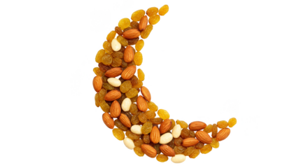 Isolated Food Photo of Crescent Moon Shape Made of Nuts and Raisins