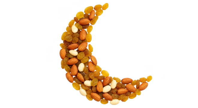 Isolated Food Photo of Crescent Moon Shape Made of Nuts and Raisins