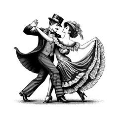Elegant Couple Dancing in Formal Wear, Engraving Style Illustration, Black and White Image