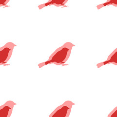 Seamless pattern of large isolated red bird sparrow symbols. The elements are evenly spaced. Illustration on light red background