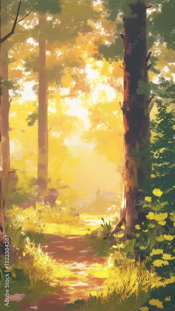 Poster sunrise in the forest with many rays of light