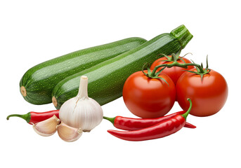 Isolated Fresh Zucchini Tomatoes Garlic and Chili Peppers in Transparency