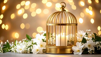 Fototapeta premium Golden Birdcage with Candle and Flowers