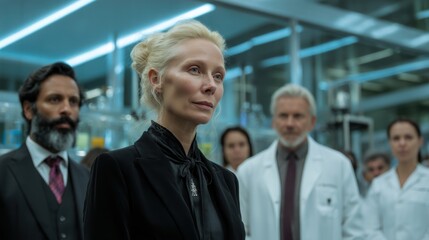 Dramatic high-detail portrait of businesswoman unaware of secretive lab conversation