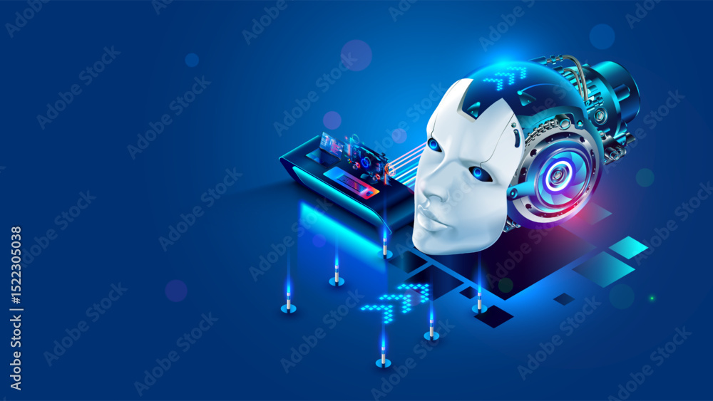 Poster A large robot head with an electronic brain, artificial intelligence is connected to a computer in a scientific laboratory. Training neural networks and AI for business in the image of а cyborg head.