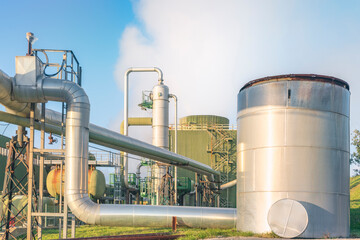 Geothermal energy. Pipelines of a plant in Larderello, Tuscany region, Italy
