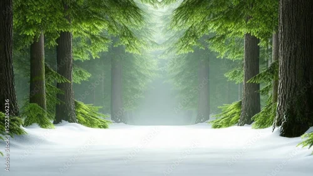 Poster snowy forest path: a serene path winds through a snow-covered forest, sunlight filtering through the