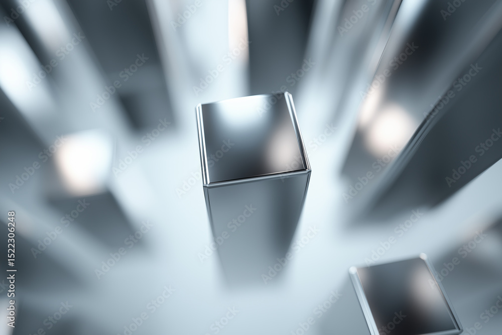Poster metallic cubes create contemporary architectural design with geometric precision and depth.