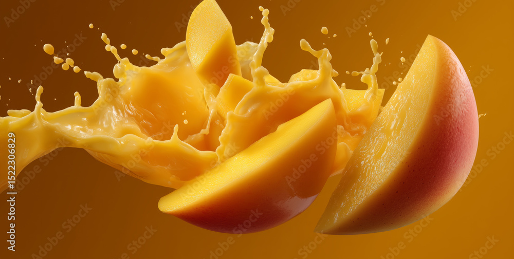 Poster bright yellow mango slices burst through a splash of juice, creating a lively scene filled with fres