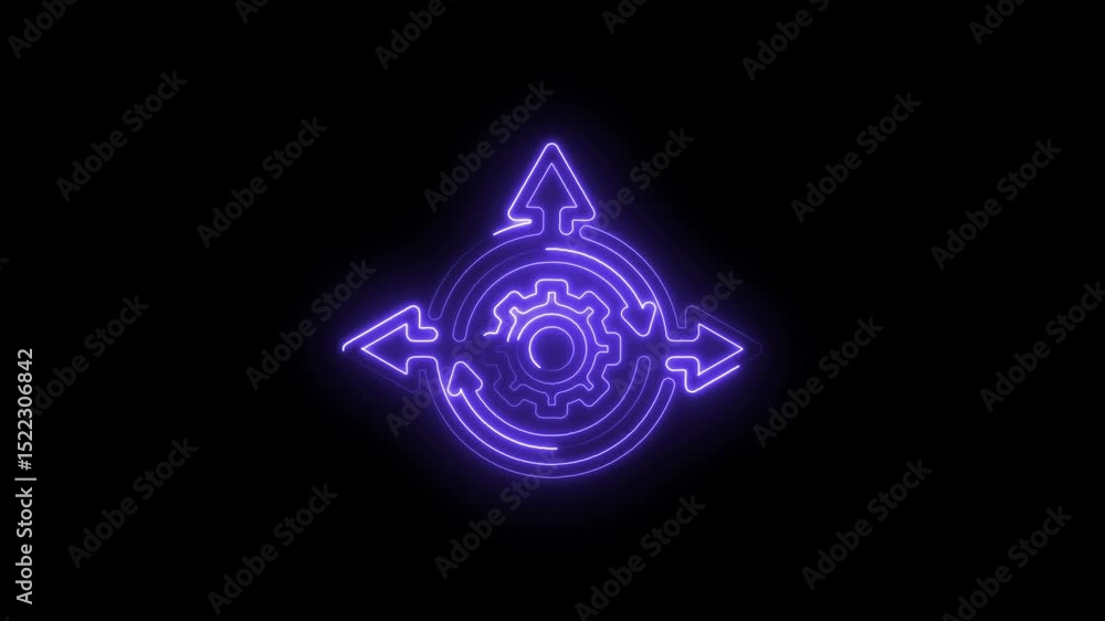 Poster neon gear process animation loop with arrows on black background indicating directions