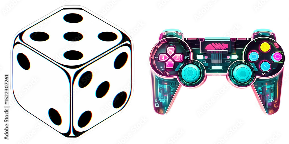 Aufkleber png white die and a futuristic game controller are displayed side-by-side on a transparent backgroun