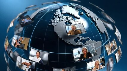 Global Communication Network: A globe-shaped network with video calls, representing a connected world, emphasizing communication and collaboration across different regions. - Powered by Adobe