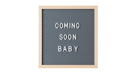 Isolated Gray Coming Soon Baby Text Message on Wooden Board PNG