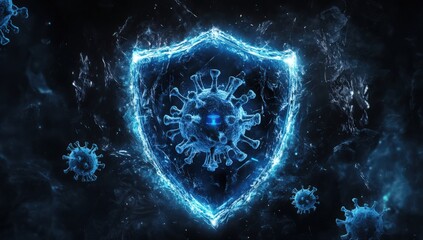 Protective Shield Against Viral Threat: A captivating digital illustration showcases a luminous shield, embodying defense, set against a backdrop of menacing viruses, symbolizing resilience.