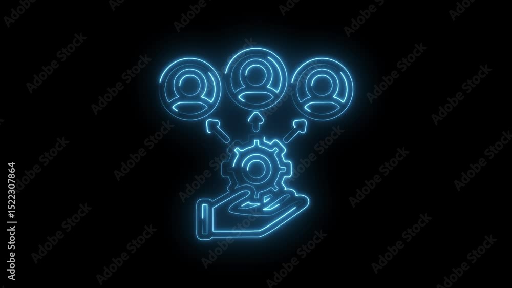 Poster neon hand supporting teamwork concept animation business mechanism with connection collaboration
