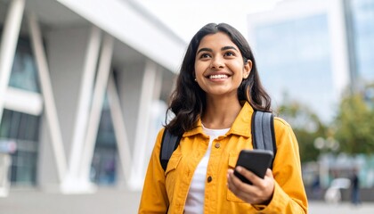 Smiling young woman in yellow jacket using smartphone outdoors