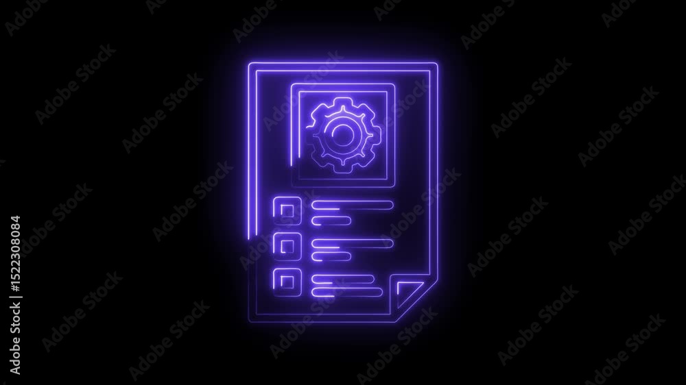 Poster neon blueprint document with gear icon shining in dark background animation
