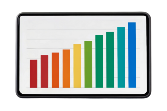 Colorful bar graph displaying growth trends isolated with transparent background