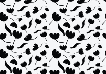 Hand-drawn black flowers and leave on a white background. Seamless pattern is floral for clothing, fabric, wallpaper, backdrop, home decoration, cover book, and wall art.