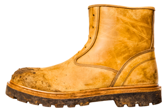 Worn-out brown work boot covered in dirt and grime isolated with transparent background