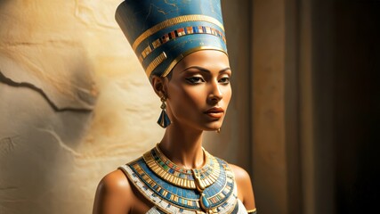 Elegant Portrait of a Regal Ancient Egyptian Queen Wearing a Golden Headdress and Traditional Jewelry in a Timeless Historical Setting. Nefertiti. 1