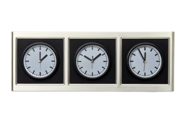 Stylish wall clock set with three different time zones isolated with transparent background