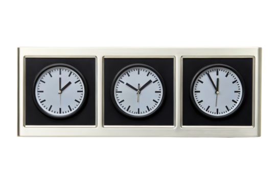 Stylish wall clock set with three different time zones isolated with transparent background